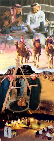 Beduinen trinken Kaffee im Zelt, Kamelreiter und Beduinen bei der Zureitung von Essen ber dem offenen Feuer