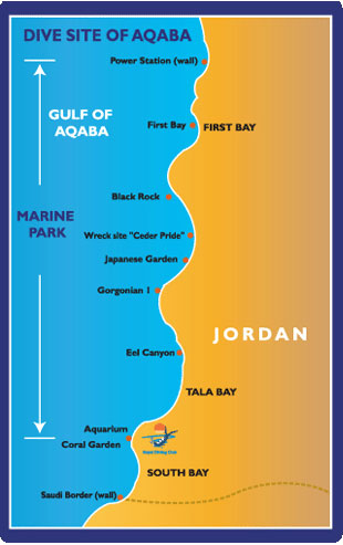 Landkarte der Tauchgrnde vor Jordanien von First Bay bis Tala Bay
