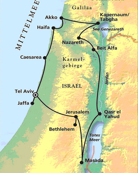 Landkarte mit eingezeichneter Reiseroute, Tel Aviv Jaffa Masada See Genezareth Akko und zurück