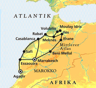 Reiseroute auf den Spuren der Königstädte in Marokko